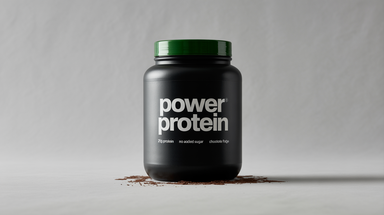 A professional product shot of a 'POWER PROTEIN' jar in chocolate fudge flavor, featuring a modern black and green design on a clean studio background.
