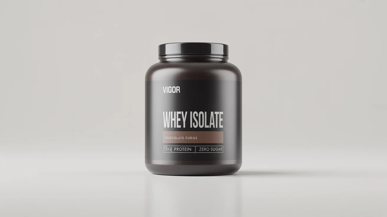 A photorealistic mockup of a matte black protein powder jar labeled 'VIGOR WHEY ISOLATE' in 'CHOCOLATE FUDGE' flavor, set against a clean white background.