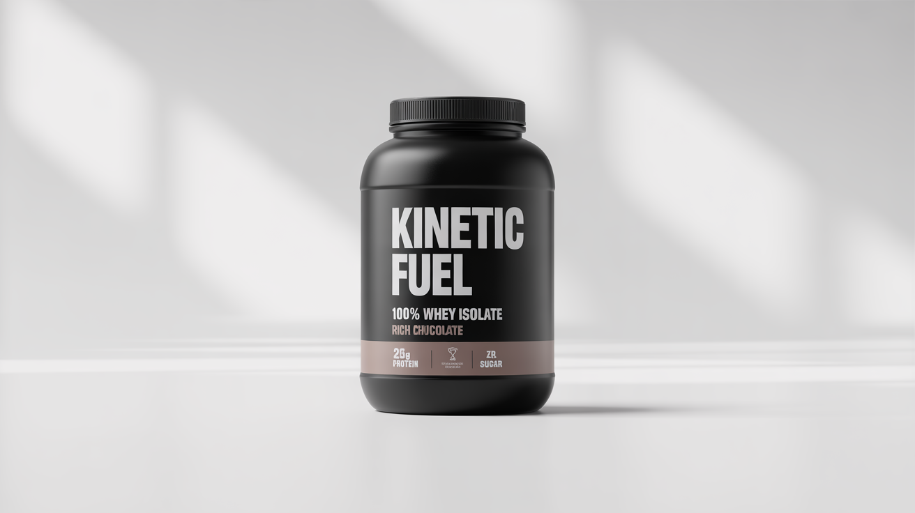 A photorealistic mockup of a matte black protein powder jar labeled 'KINETIC FUEL 100% WHEY ISOLATE' in 'RICH CHOCOLATE' flavor, set against a clean white background.