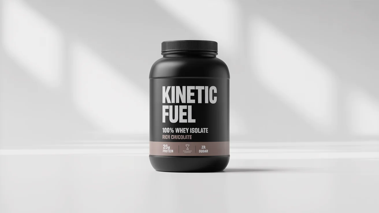 A photorealistic mockup of a matte black protein powder jar labeled 'KINETIC FUEL 100% WHEY ISOLATE' in 'RICH CHOCOLATE' flavor, set against a clean white background.