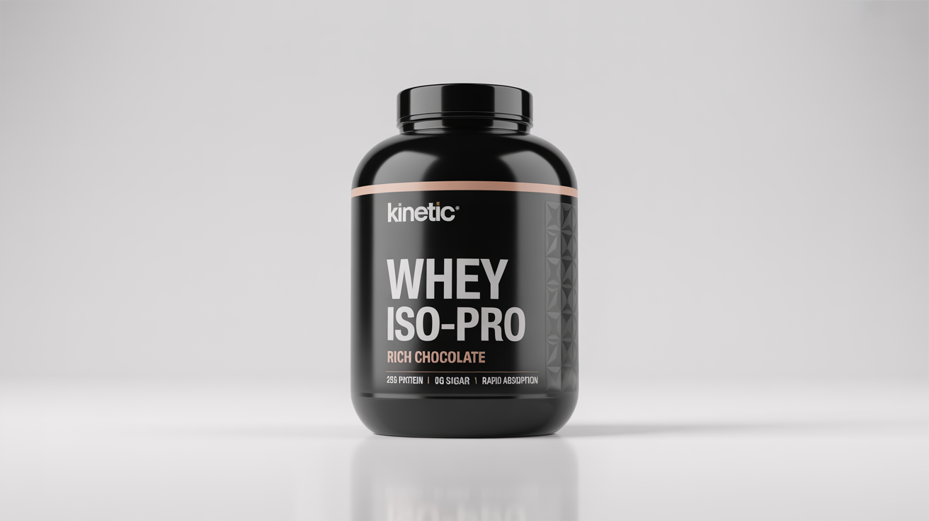 A professional mockup of a glossy black protein supplement jar labeled 'KINETIC WHEY ISO-PRO' in rich chocolate flavor, shown against a plain white background.