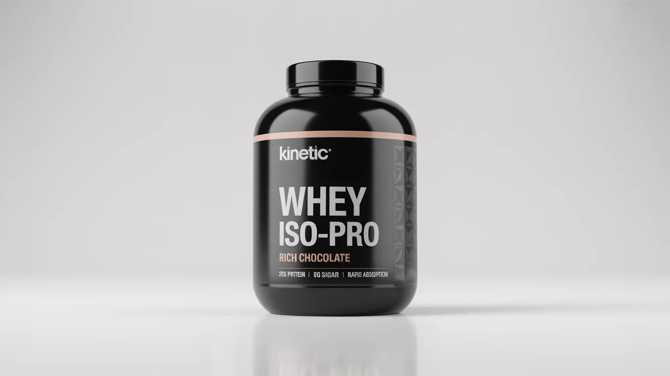 A professional mockup of a glossy black protein supplement jar labeled 'KINETIC WHEY ISO-PRO' in rich chocolate flavor, shown against a plain white background.