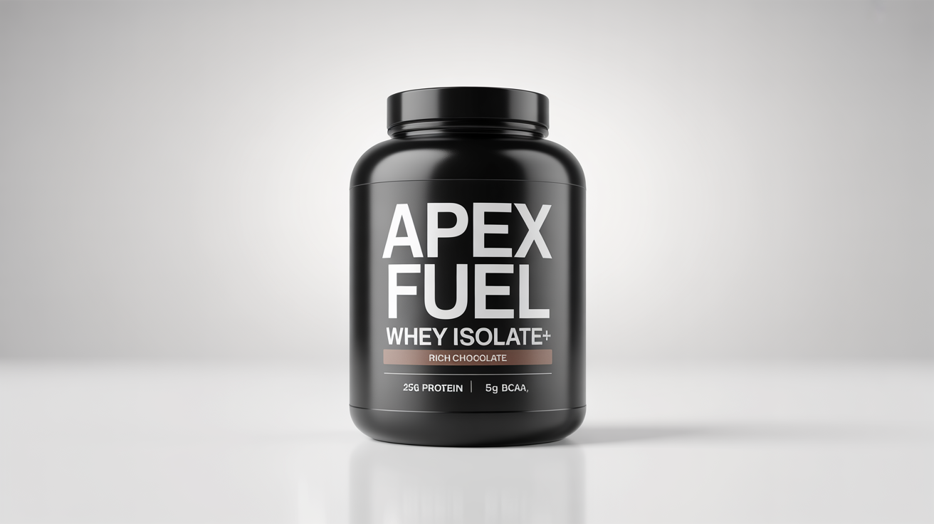 A photorealistic mockup of a glossy black protein powder jar labeled 'APEX FUEL WHEY ISOLATE+ RICH CHOCOLATE' sitting against a plain white background.