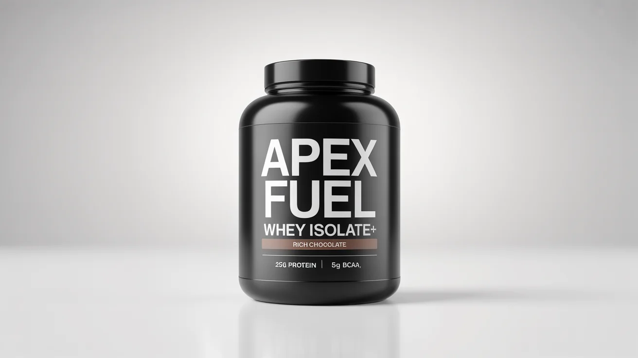 A photorealistic mockup of a glossy black protein powder jar labeled 'APEX FUEL WHEY ISOLATE+ RICH CHOCOLATE' sitting against a plain white background.