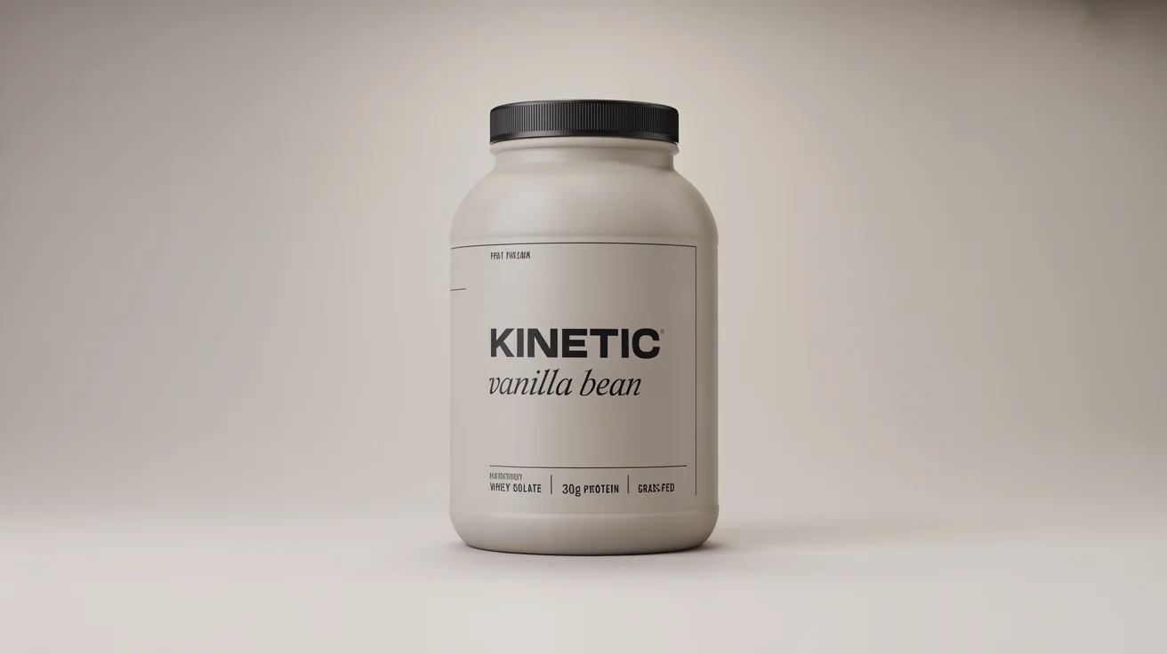A photorealistic mockup of a modern, white protein powder jar with a black lid, labeled 'KINETIC' and 'VANILLA BEAN', set against a plain white background.