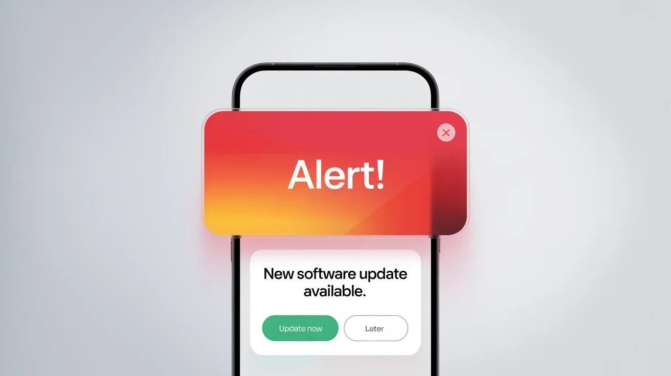 A modern smartphone displaying a red alert popup notification that reads 'ALERT! New software update available.' with options to 'Update Now' or 'Later'.