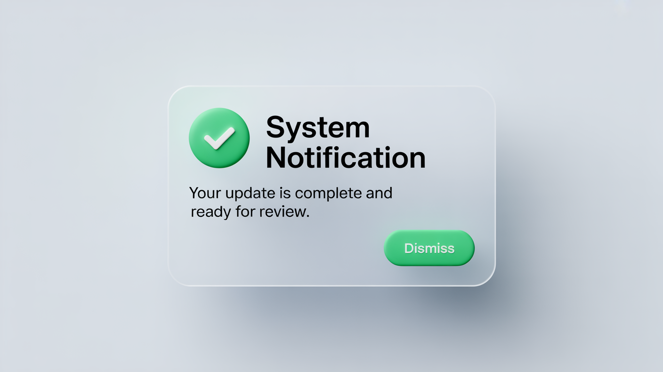 A modern, minimalist illustration of a system alert popup showing a successful update notification, set against a white background.