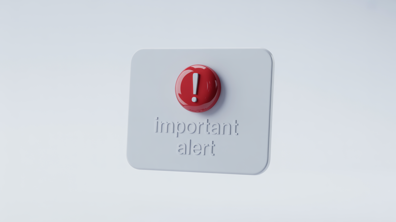 A 3D mockup of a modern alert popup notification, featuring a prominent red circle with a white exclamation mark, floating against a clean white background.