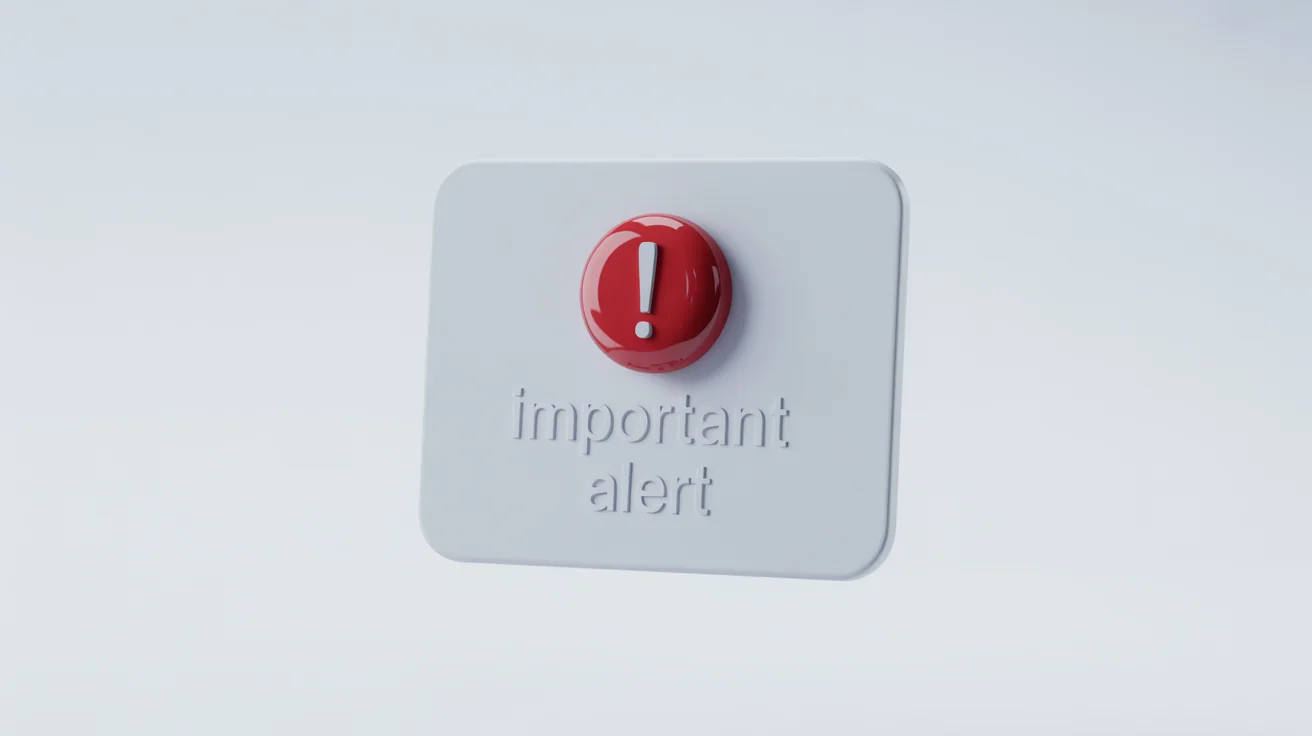 A 3D mockup of a modern alert popup notification, featuring a prominent red circle with a white exclamation mark, floating against a clean white background.