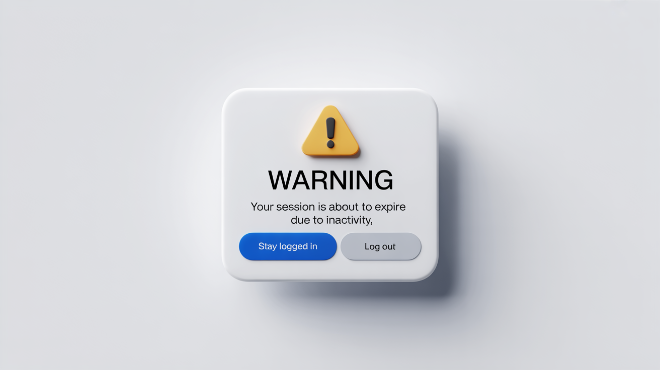 A modern mockup of a system alert popup box with the title 'Warning' and a message that the session is about to expire, featuring 'Stay Logged In' and 'Log Out' buttons, all set against a plain white background.