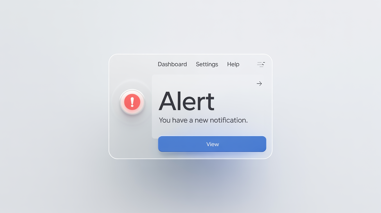 A modern, minimalist 3D mockup of an alert popup card floating against a white background, displaying a notification and a view button.