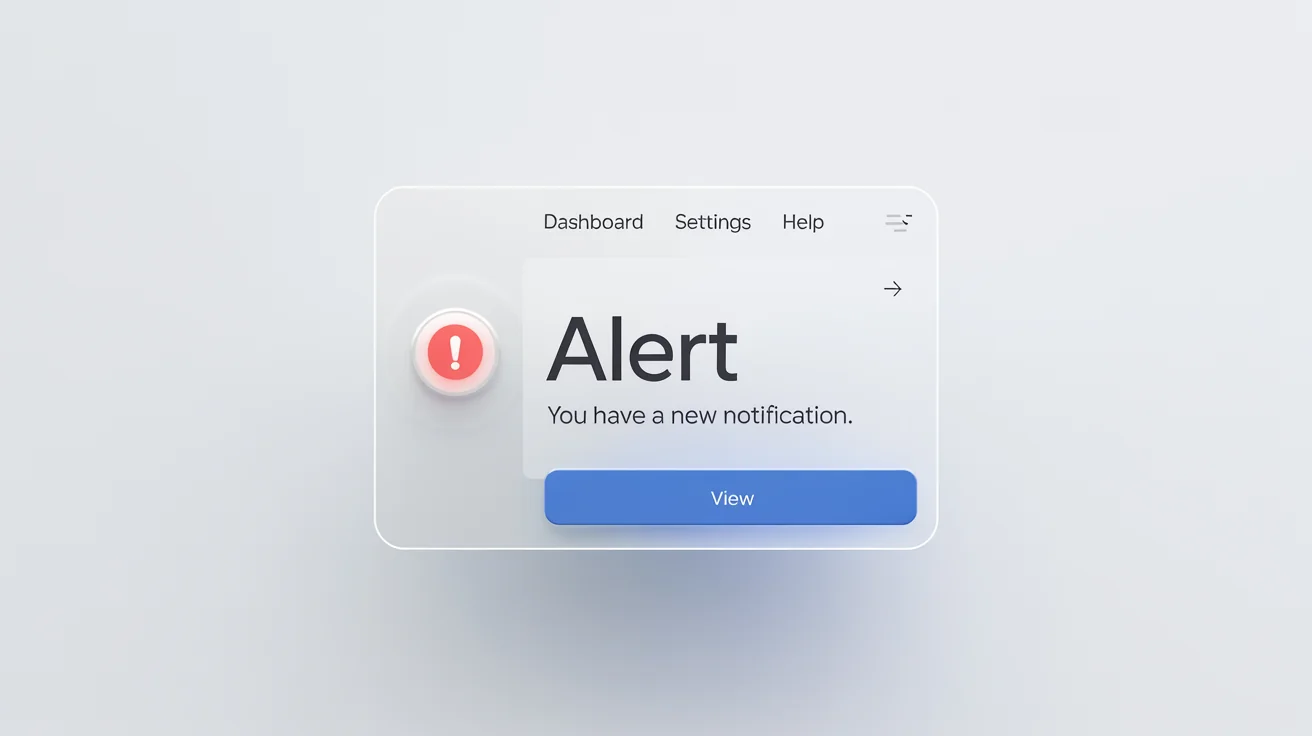 A modern, minimalist 3D mockup of an alert popup card floating against a white background, displaying a notification and a view button.