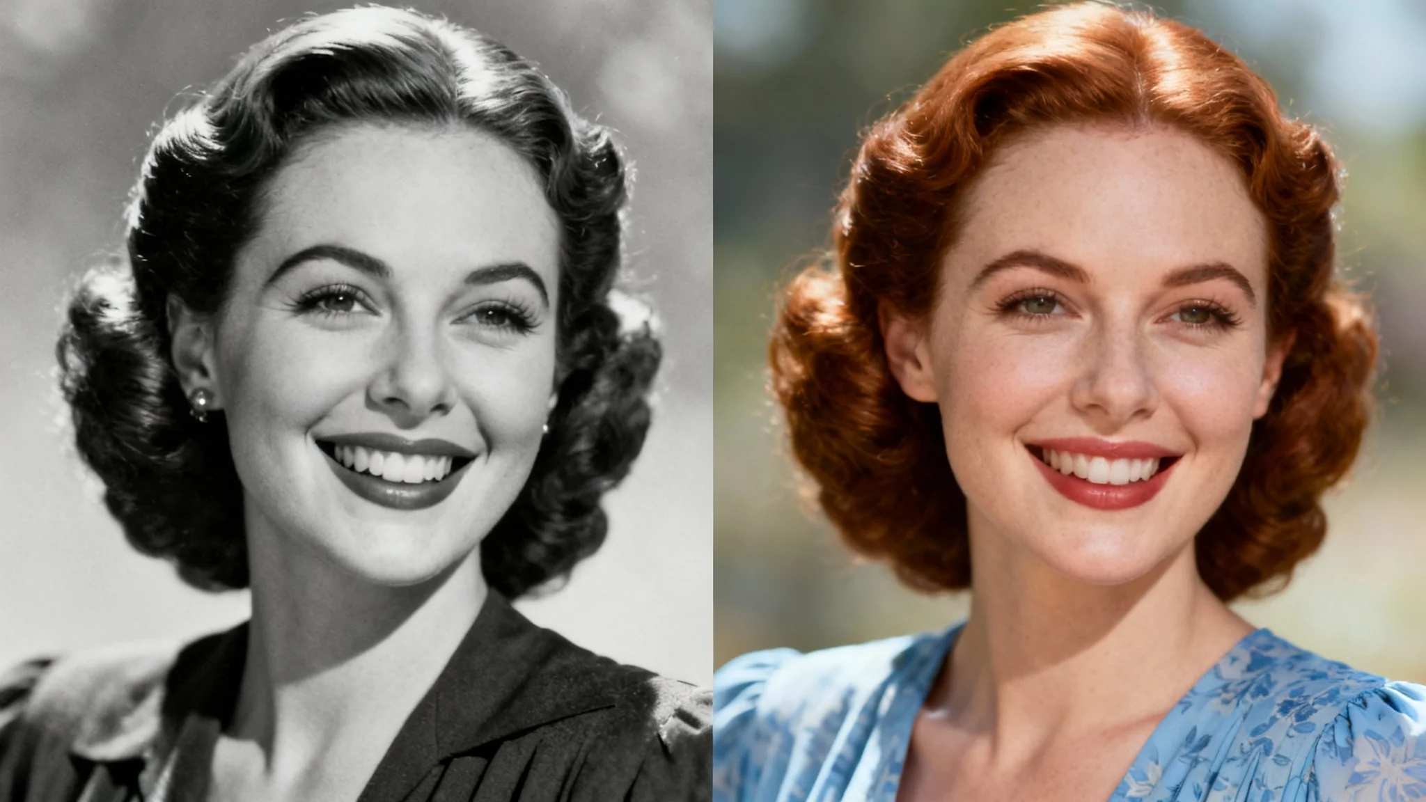 A split-screen image demonstrating a photo colorization tool. The left side shows a vintage black-and-white portrait of a woman, while the right side shows the same portrait beautifully rendered in full, realistic color.