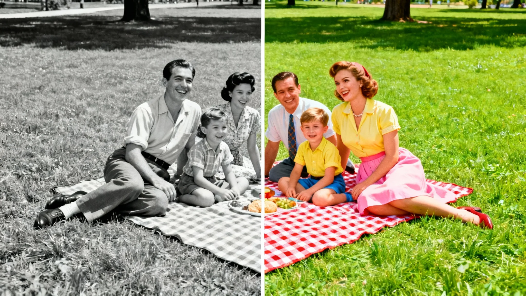 A before-and-after image demonstrating photo colorization, with the left side showing a 1950s family picnic in black and white, and the right side showing the same scene in full, vibrant color.
