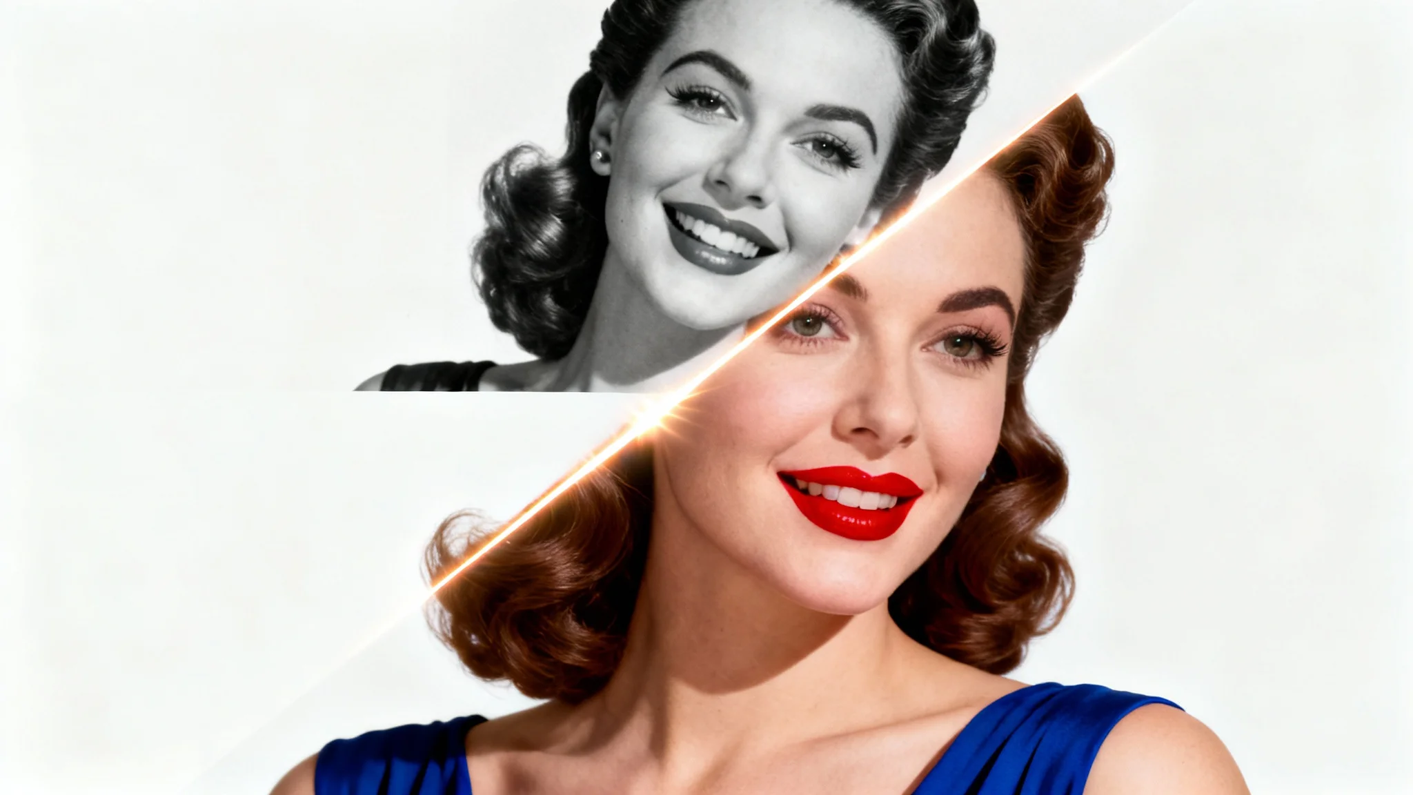 An image demonstrating a photo colorization tool. The image is split diagonally, with the top-left half showing a black-and-white vintage portrait of a woman, and the bottom-right half showing the same portrait in full, vibrant color.