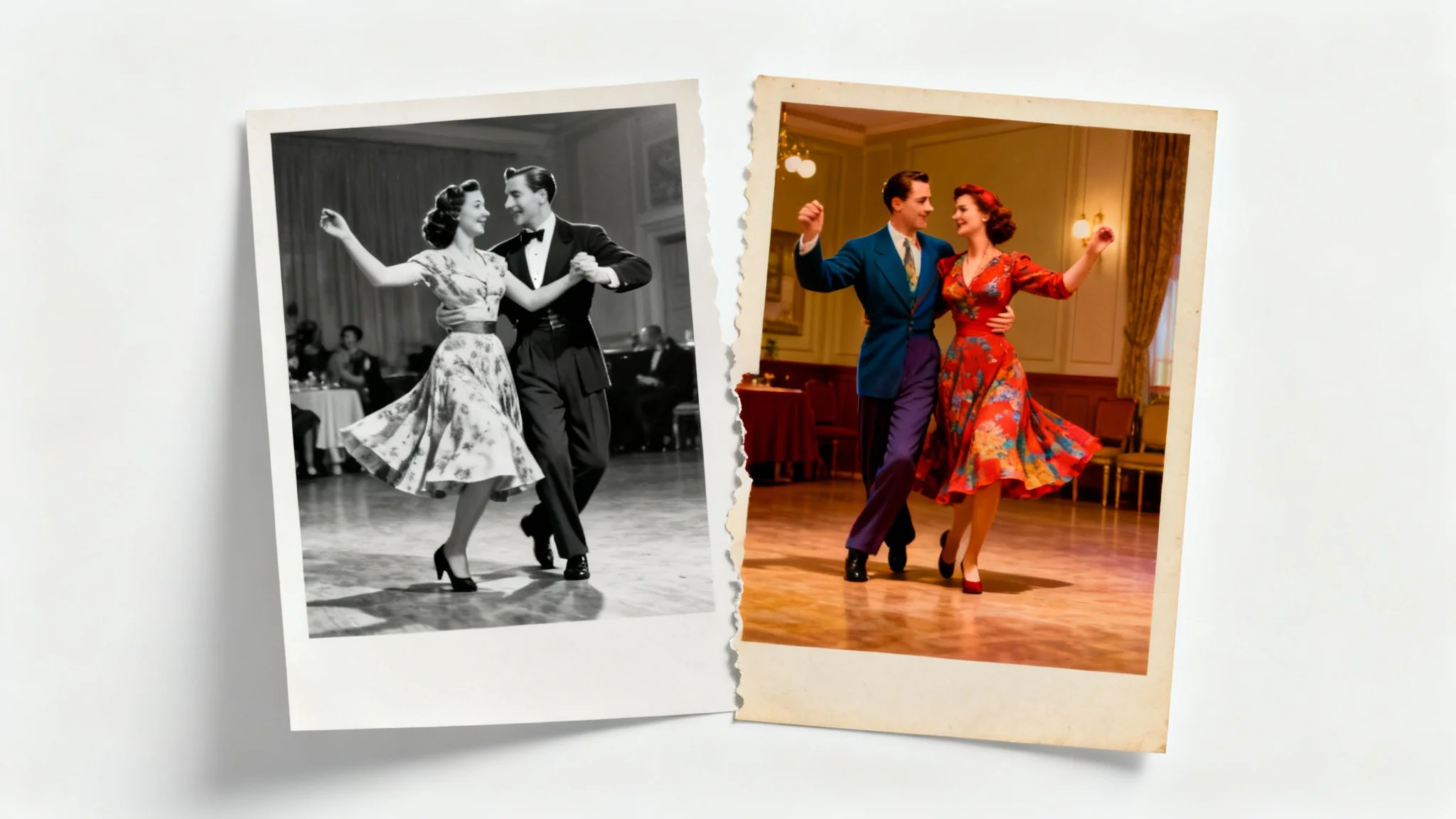 A vintage photograph of a couple dancing, split down the middle to show the left side in black and white and the right side in vibrant color, demonstrating a photo colorization effect.