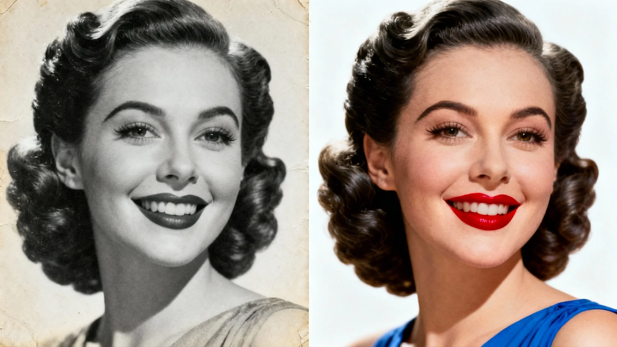A vintage photograph of a woman from the 1940s, split down the middle to show a before and after comparison of photo colorization. The left side is in black and white, and the right side is in full, vibrant color.