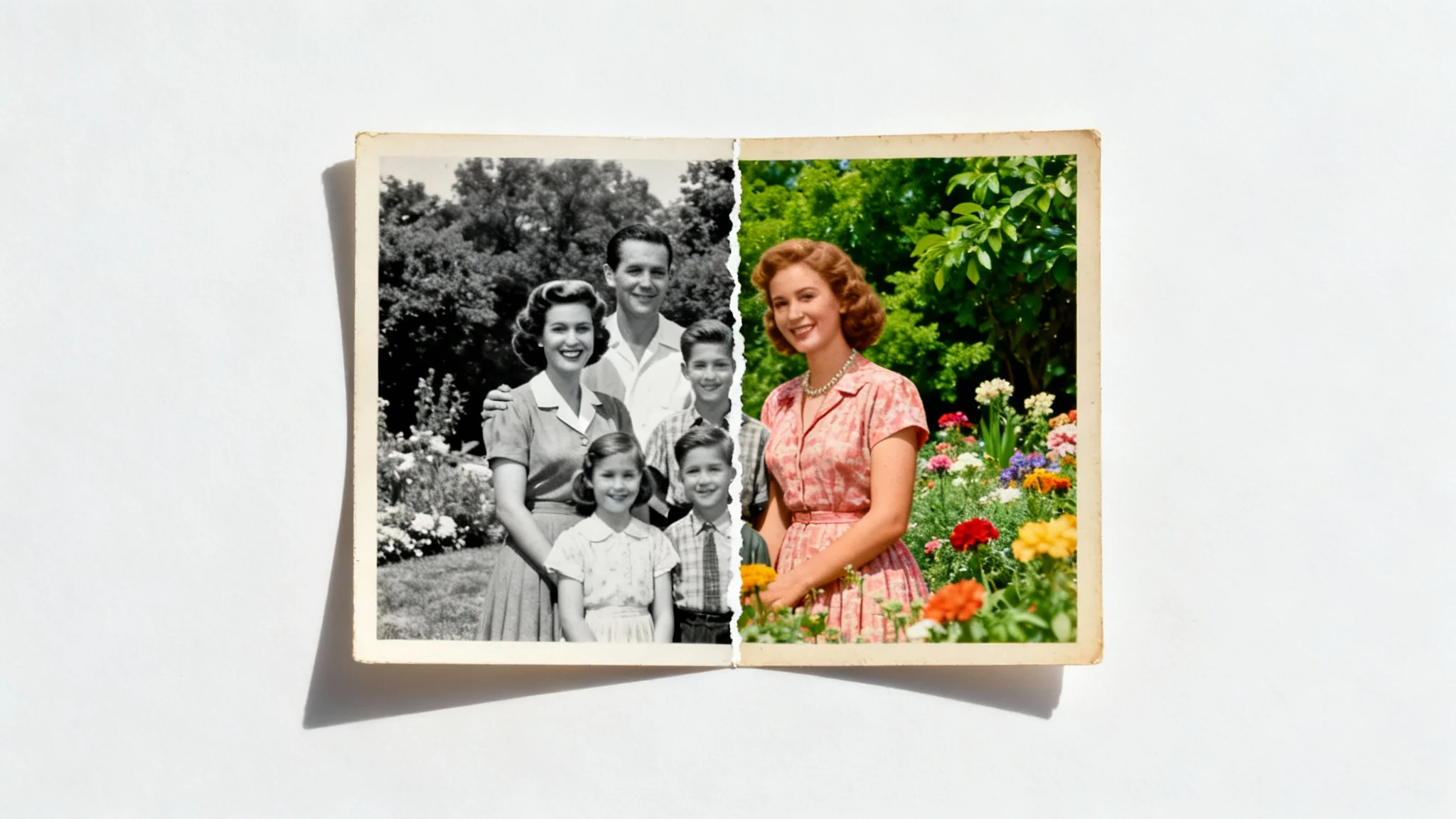 A vintage family portrait shown half in black and white and half in realistic color, demonstrating a photo colorization service on a white background.