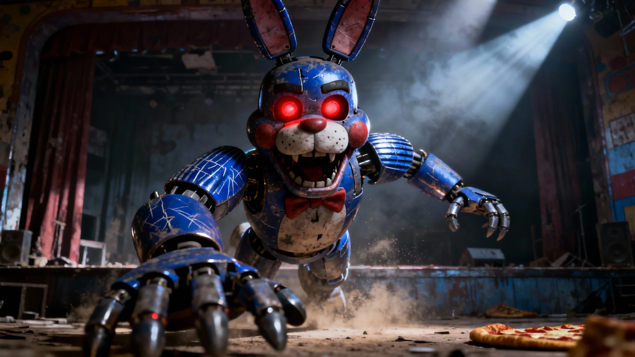 A hyper-realistic and cinematic 3D render showing a professionally enhanced version of Bonnie, the animatronic rabbit from FNAF. He lunges toward the viewer with glowing red eyes in a dark, dusty pizzeria, demonstrating a dramatic and high-quality final result.