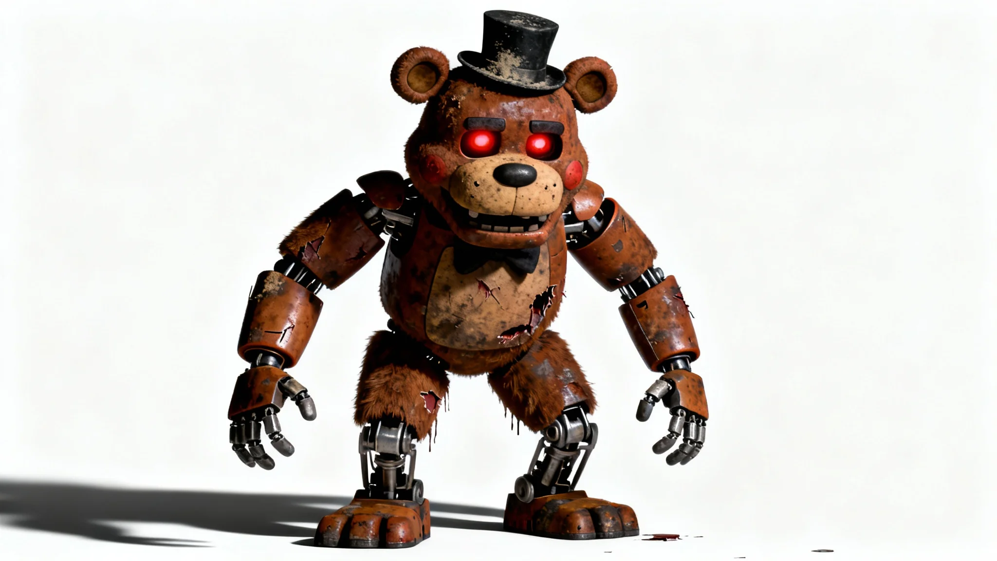 A hyper-realistic 3D render of a creepy animatronic bear, similar to Five Nights at Freddy's, staring menacingly forward against a plain white background.