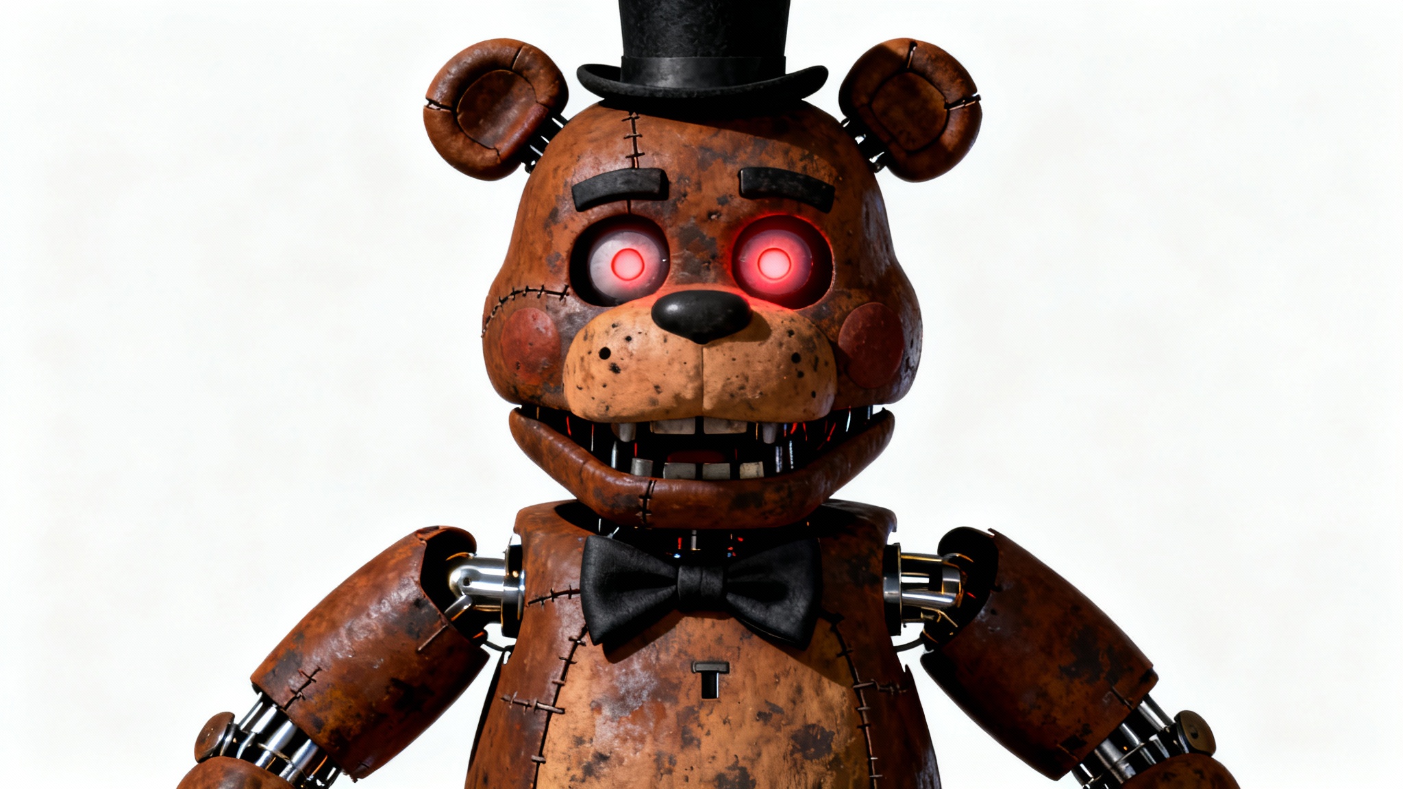A hyperrealistic 3D render of a menacing animatronic bear inspired by Five Nights at Freddy's, featuring glowing red eyes and a weathered texture, isolated against a plain white background.