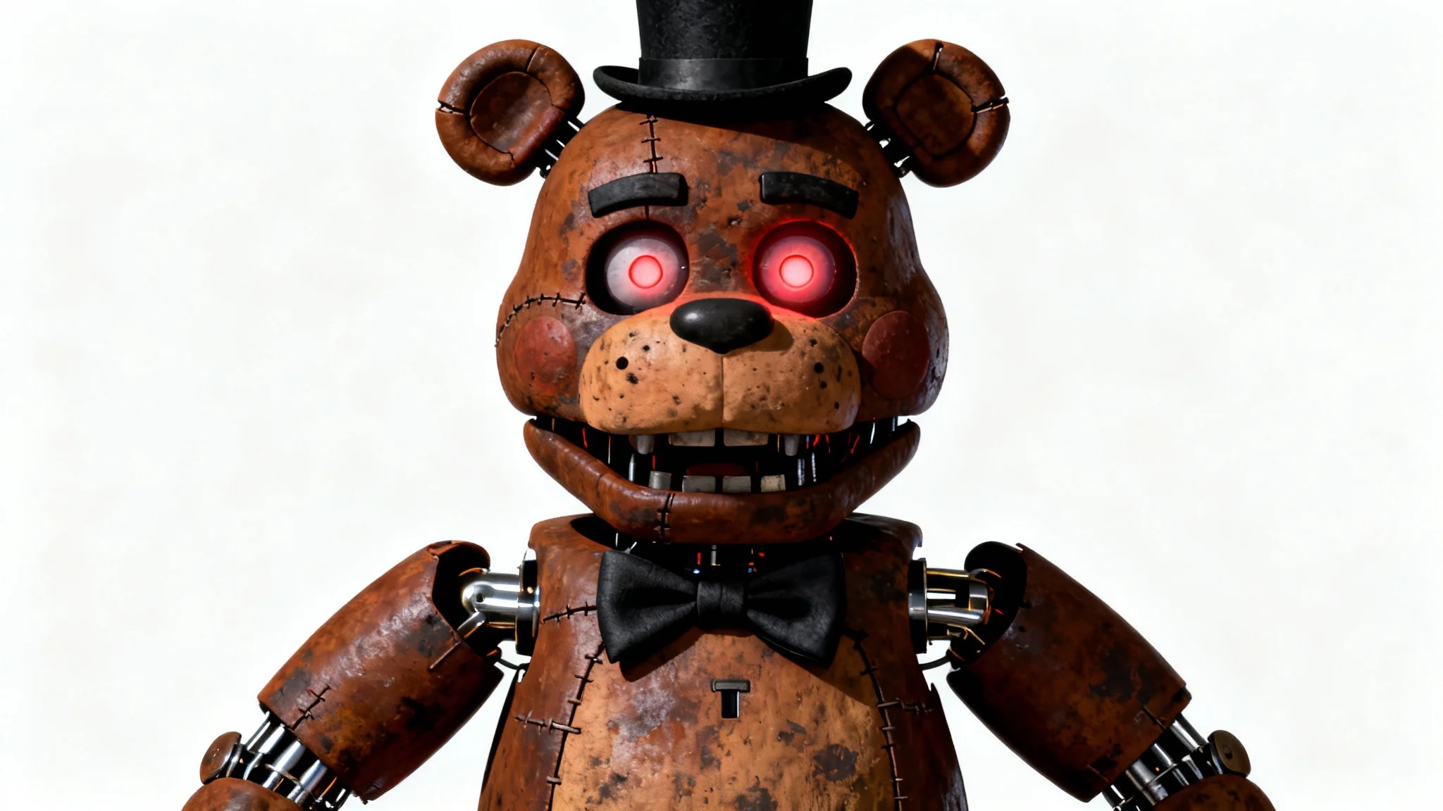 A hyperrealistic 3D render of a menacing animatronic bear inspired by Five Nights at Freddy's, featuring glowing red eyes and a weathered texture, isolated against a plain white background.