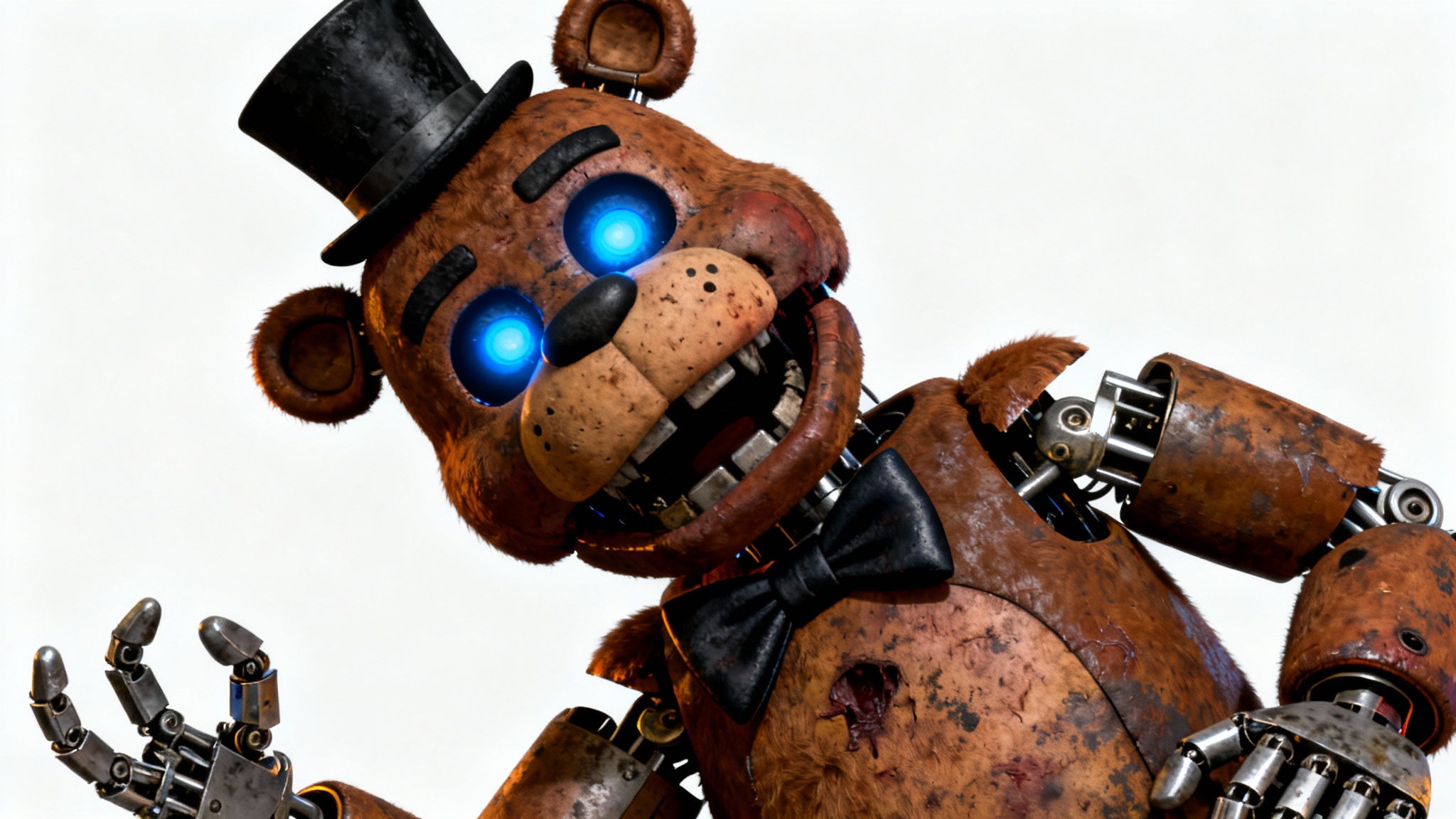 A photorealistic 3D render of a creepy animatronic bear, similar to Freddy Fazbear, standing against a stark white background. The studio lighting creates dramatic shadows, highlighting its terrifying detail.