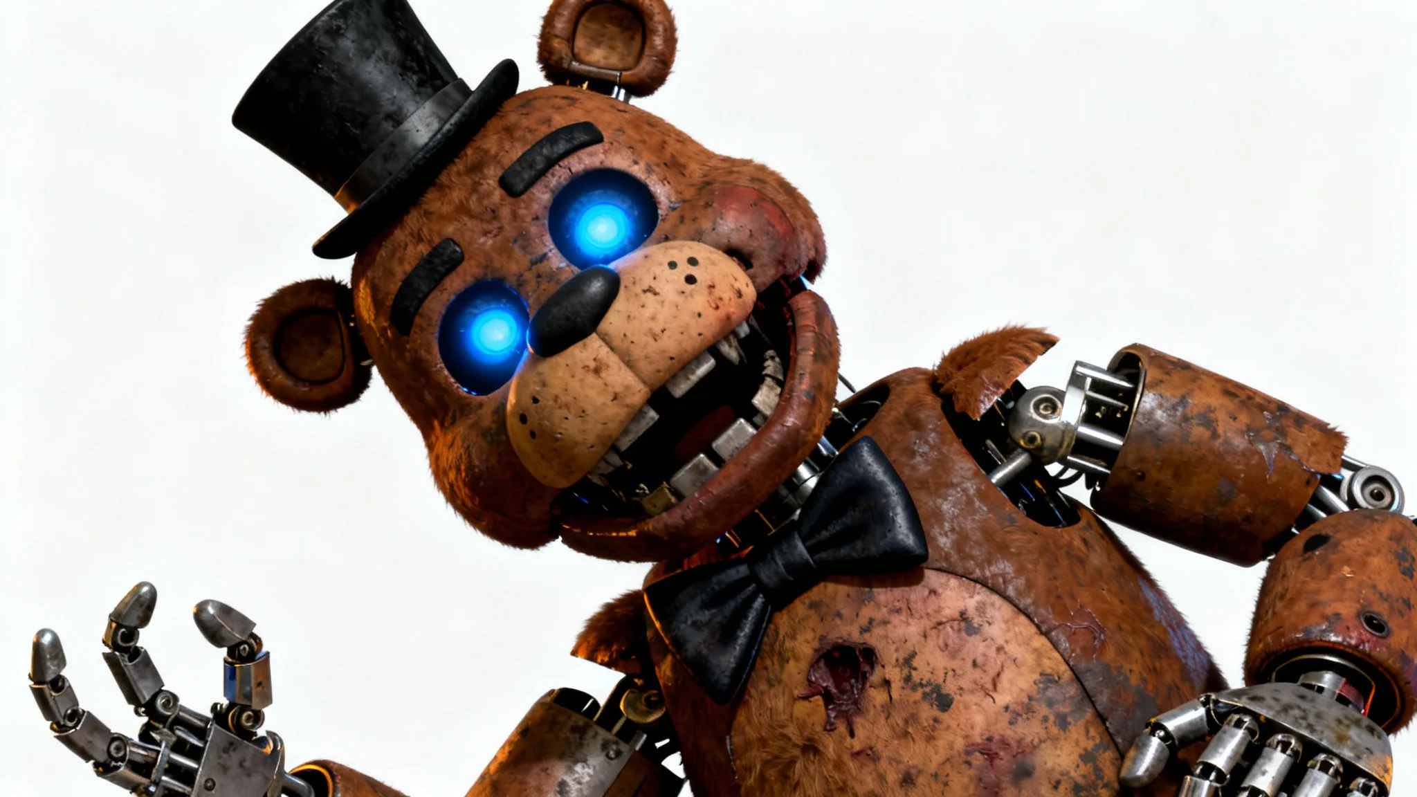 A photorealistic 3D render of a creepy animatronic bear, similar to Freddy Fazbear, standing against a stark white background. The studio lighting creates dramatic shadows, highlighting its terrifying detail.