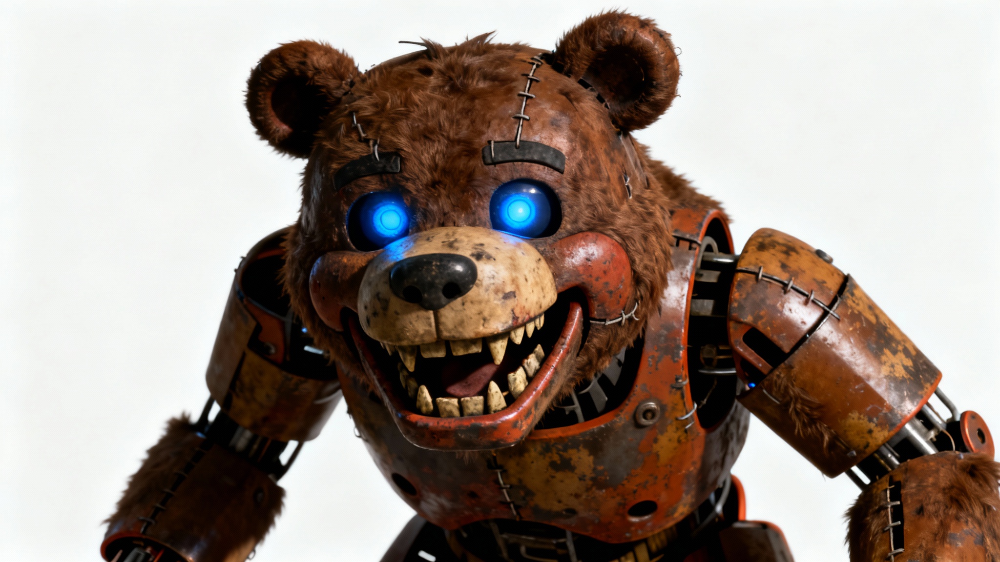 A terrifyingly realistic 3D render of a brown animatronic bear from a horror game, shown from the chest up and leaning forward menacingly against a plain white background.