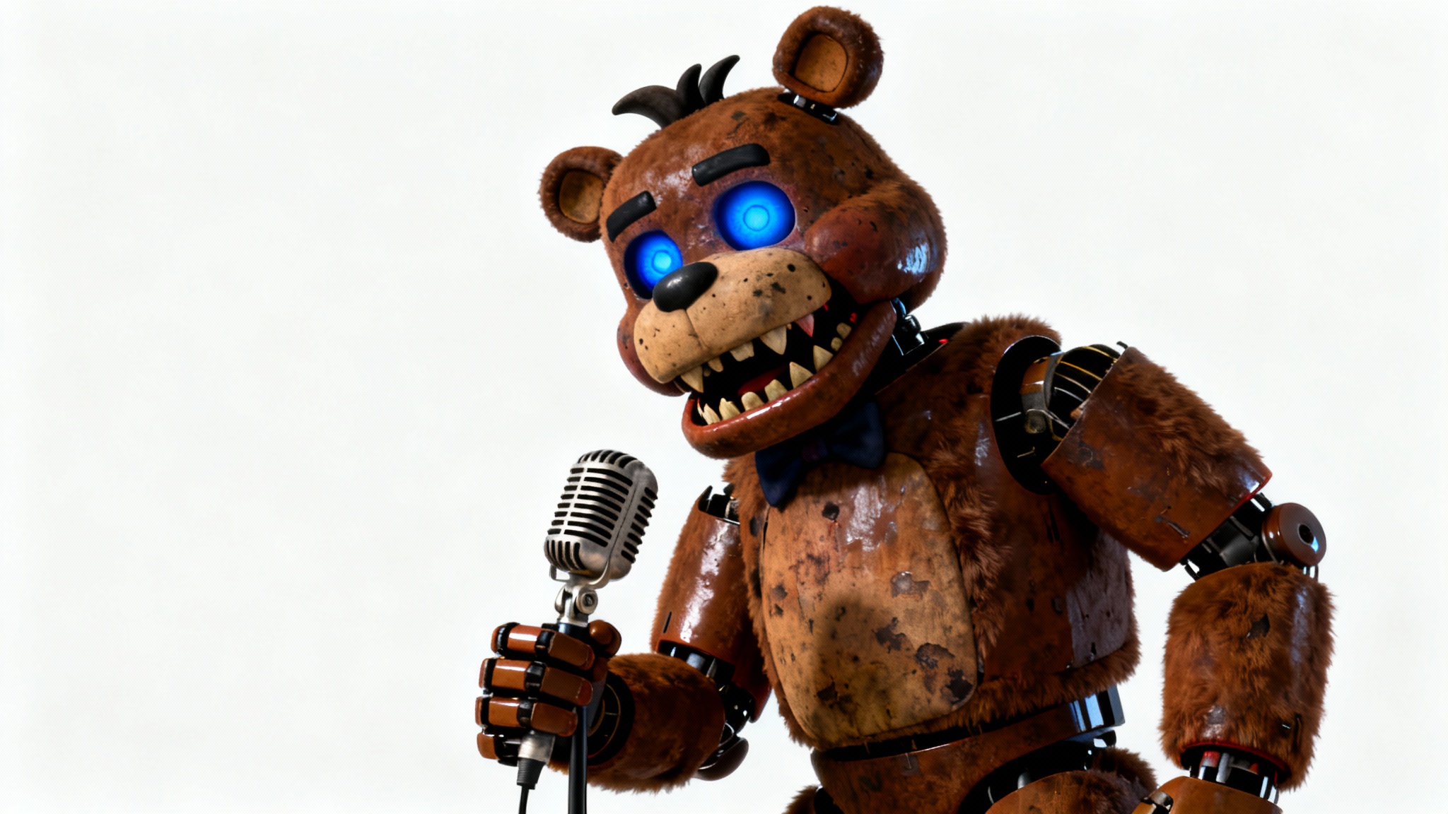 A high-quality 3D render of the animatronic character Freddy Fazbear from Five Nights at Freddy's, standing against a clean white background in a menacing pose.