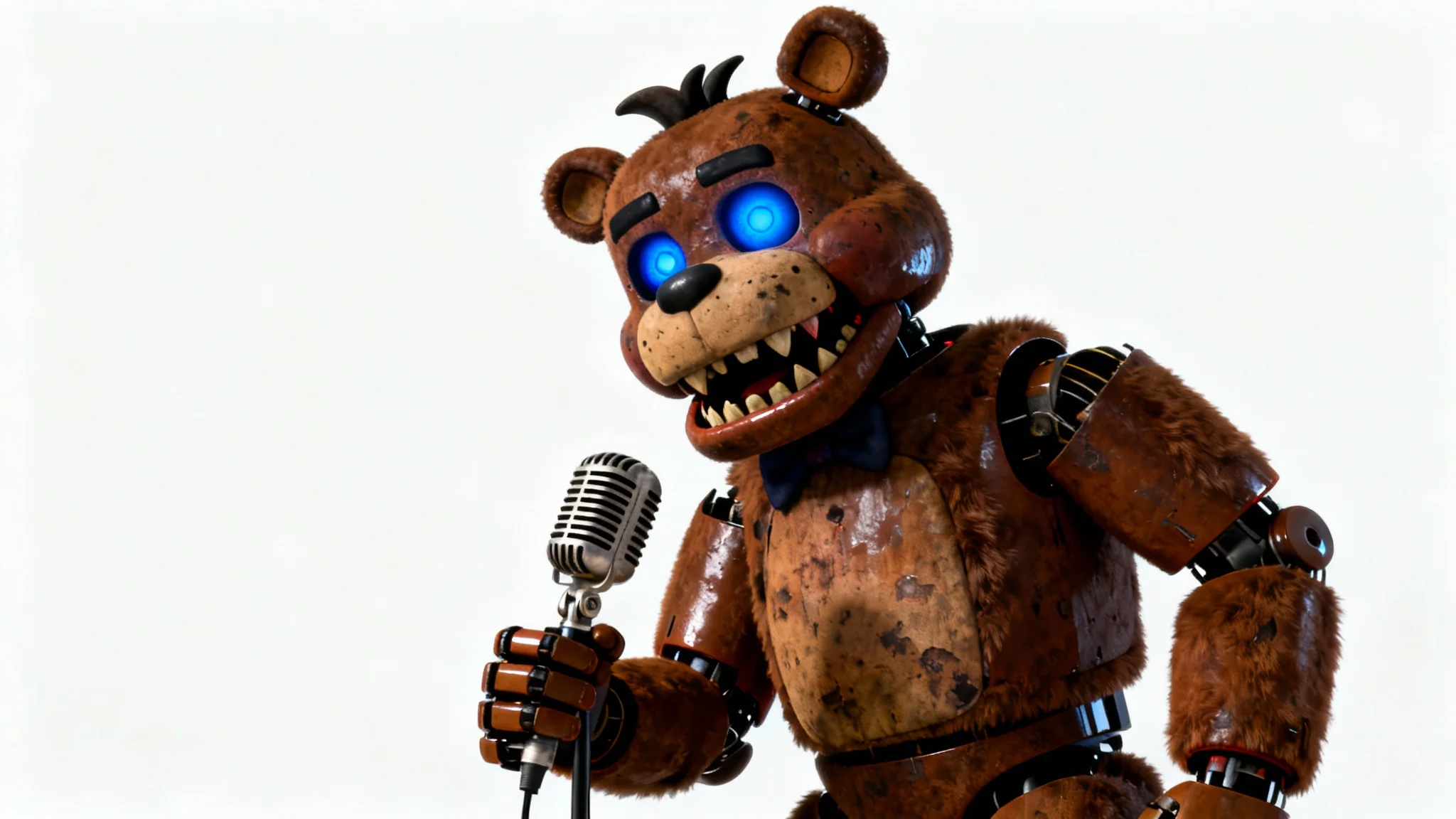 A high-quality 3D render of the animatronic character Freddy Fazbear from Five Nights at Freddy's, standing against a clean white background in a menacing pose.