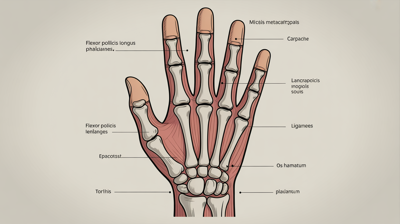 A detailed medical illustration of the anatomy of a human hand, showing the bones, muscles, and tendons with labels pointing to specific parts like the phalanges and carpals. The background is a clean, light gray.