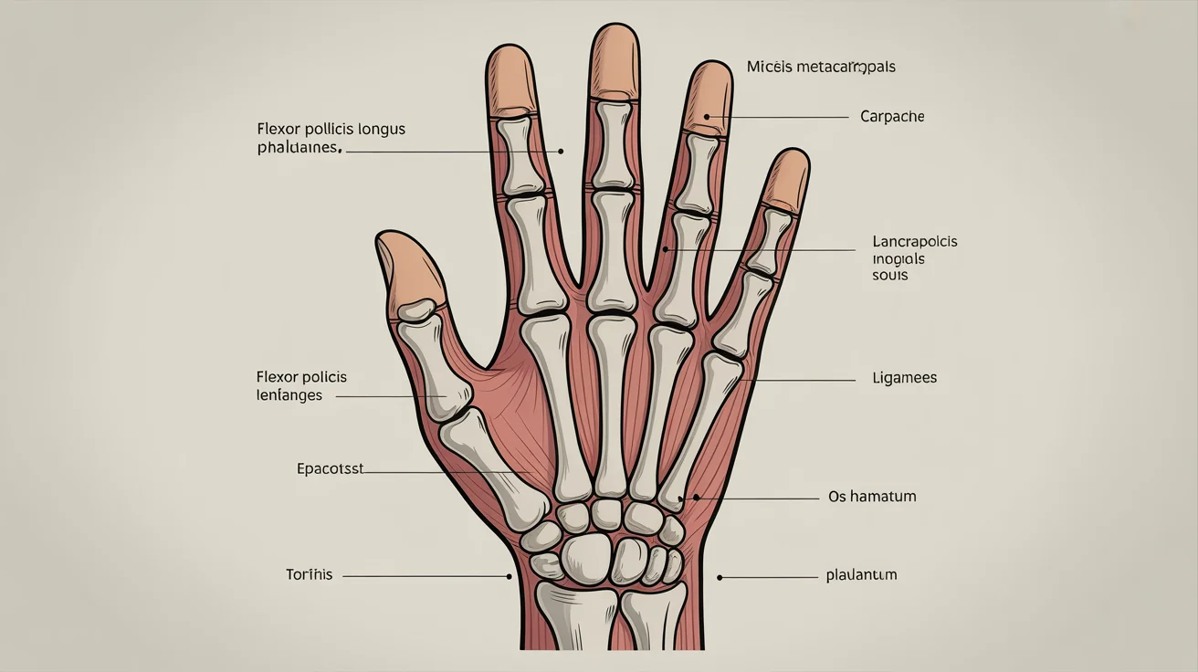 A detailed medical illustration of the anatomy of a human hand, showing the bones, muscles, and tendons with labels pointing to specific parts like the phalanges and carpals. The background is a clean, light gray.