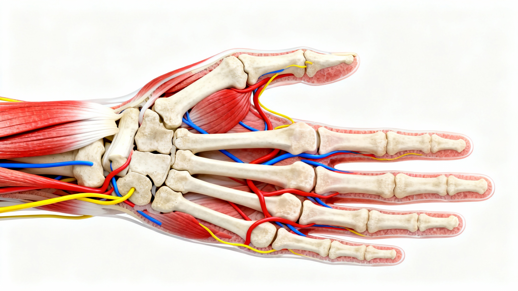 A detailed anatomical illustration of a human hand, showing the bones, muscles, nerves, and blood vessels against a clean white background.