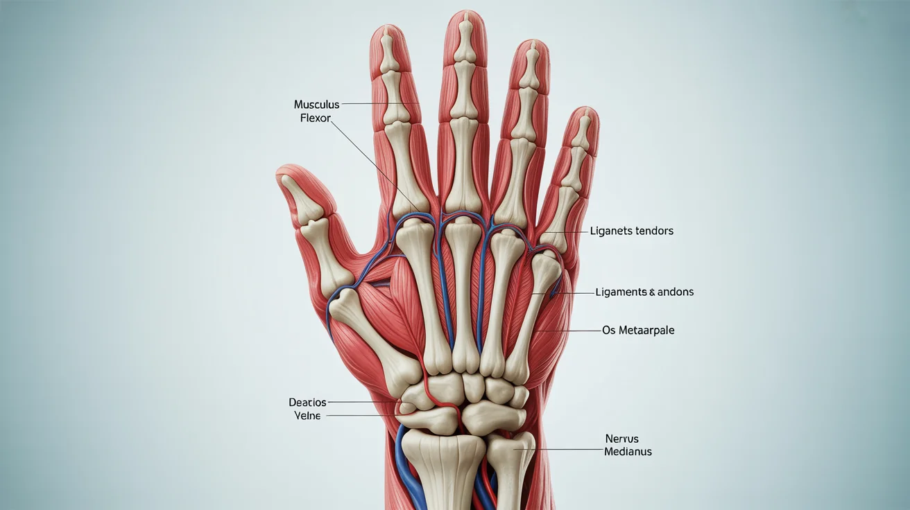 A detailed anatomical illustration of a human hand against a white background, showing the bones, muscles, nerves, and blood vessels with clear, legible labels pointing to different structures.