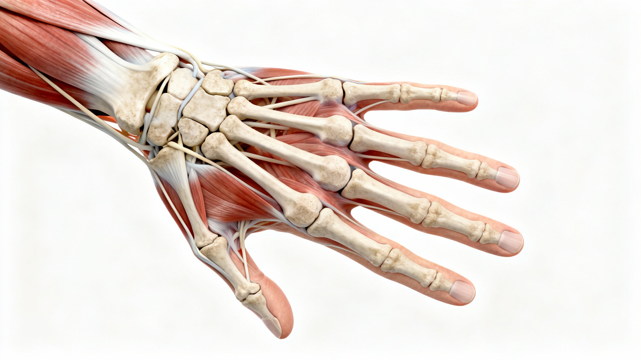 Anatomical illustration of a human hand showing the bones, muscles, and ligaments in detail, on a white background.