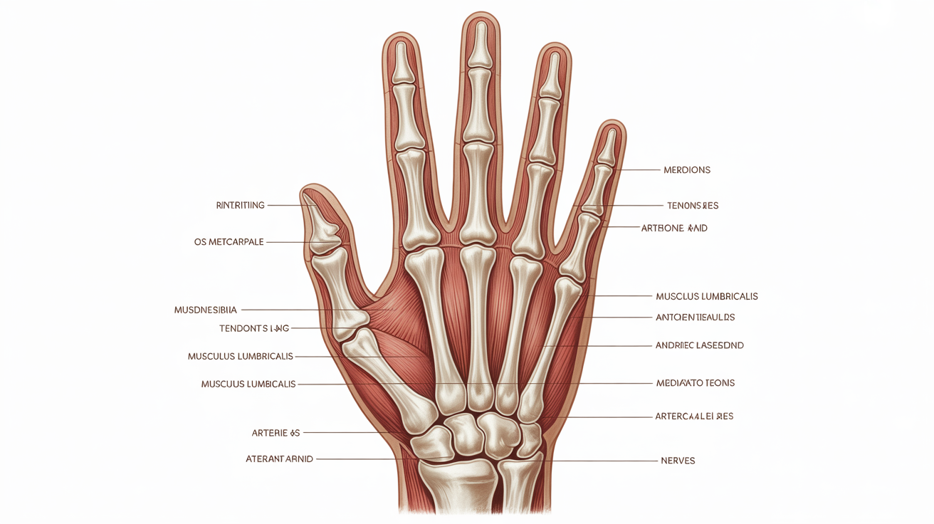 A detailed medical illustration showing the anatomy of a human hand, with bones, muscles, tendons, and nerves visible in a cutaway view. The hand is set against a plain white background with anatomical labels.