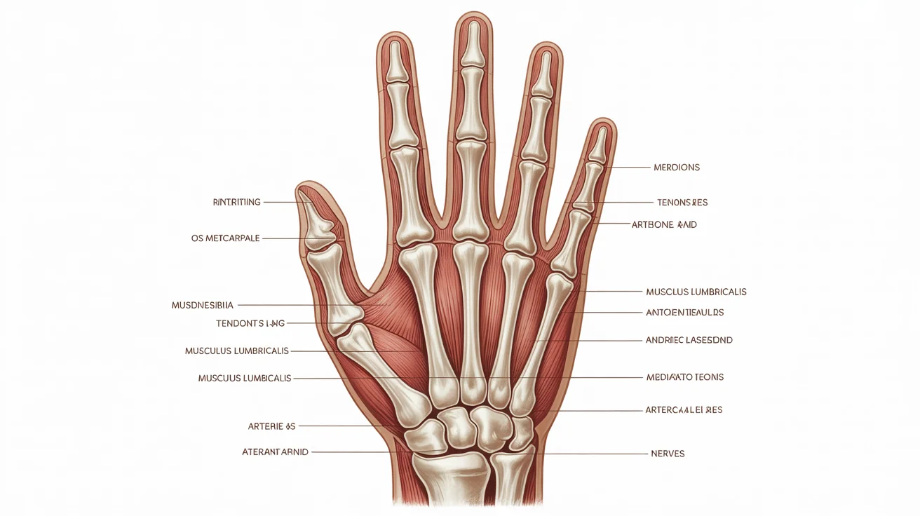 A detailed medical illustration showing the anatomy of a human hand, with bones, muscles, tendons, and nerves visible in a cutaway view. The hand is set against a plain white background with anatomical labels.