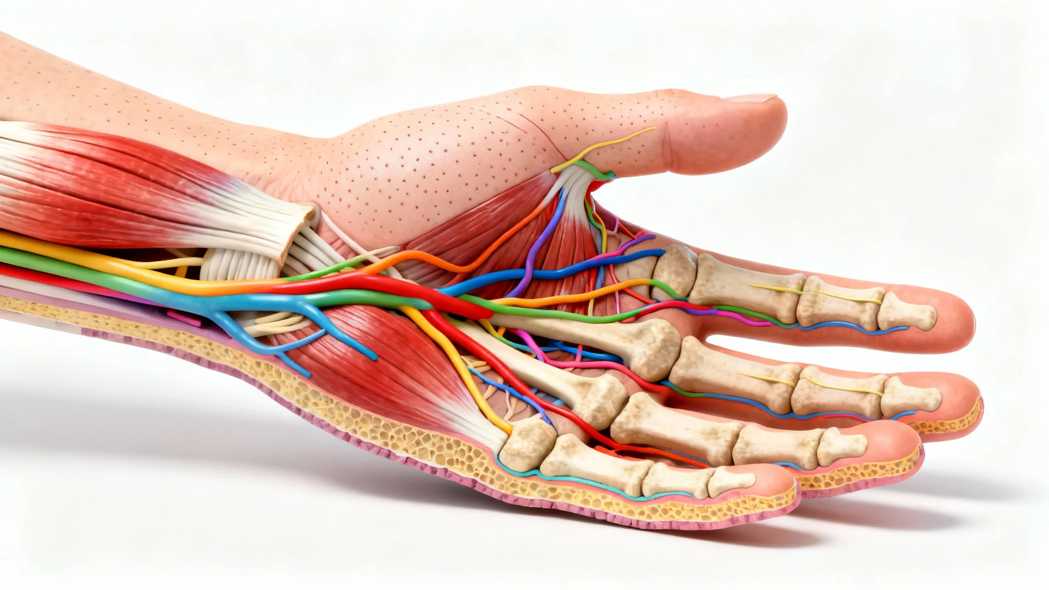 A detailed medical illustration of a human hand showing its complete anatomy, including bones, muscles, and veins, against a plain white background.