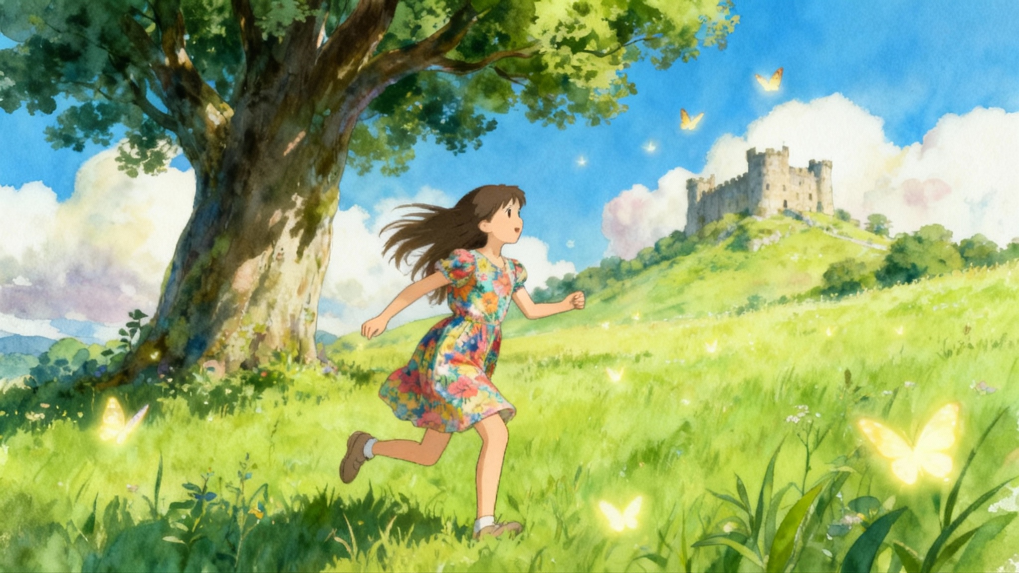 A young girl in a colorful dress chasing butterflies in a lush meadow, rendered in the iconic, painterly anime style of Studio Ghibli, with a distant castle and large, fluffy clouds in the sky.