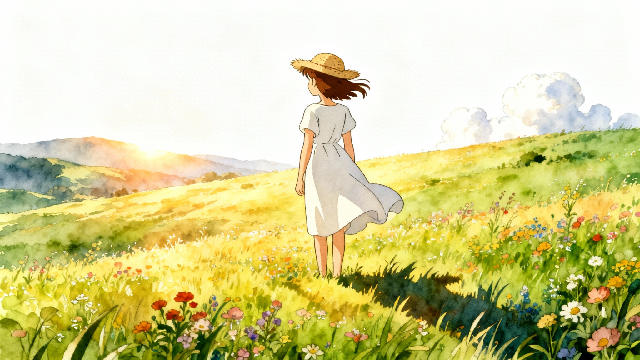 A young woman in a white dress and straw hat standing in a sunny meadow, depicted in the whimsical, painterly anime style of Studio Ghibli.