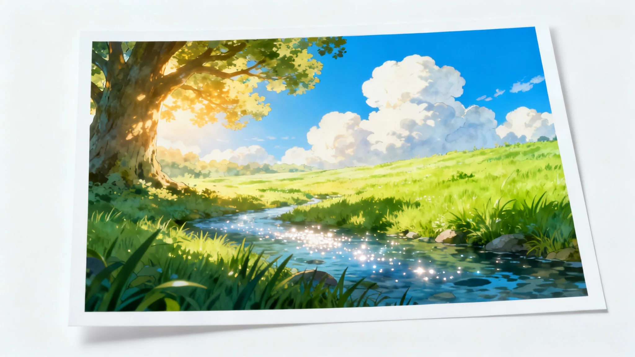 An image in the art style of Studio Ghibli, depicting a peaceful, sunlit meadow with a large tree and a stream. The photo is presented as a mockup on a white background.