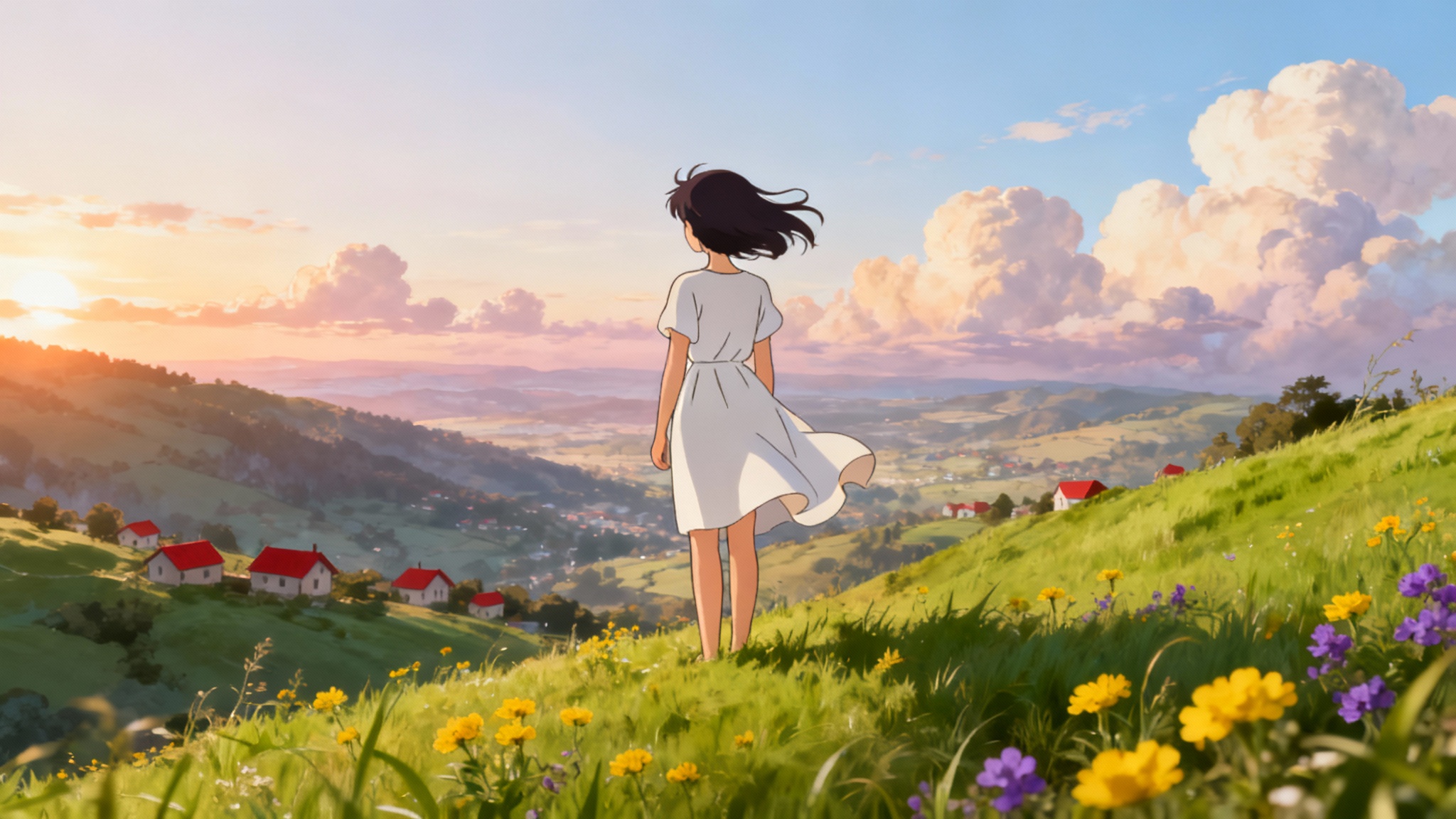 A serene, Ghibli-inspired photo of a young woman in a white dress standing on a green hill, looking out over a sunlit valley with fluffy clouds in the sky.