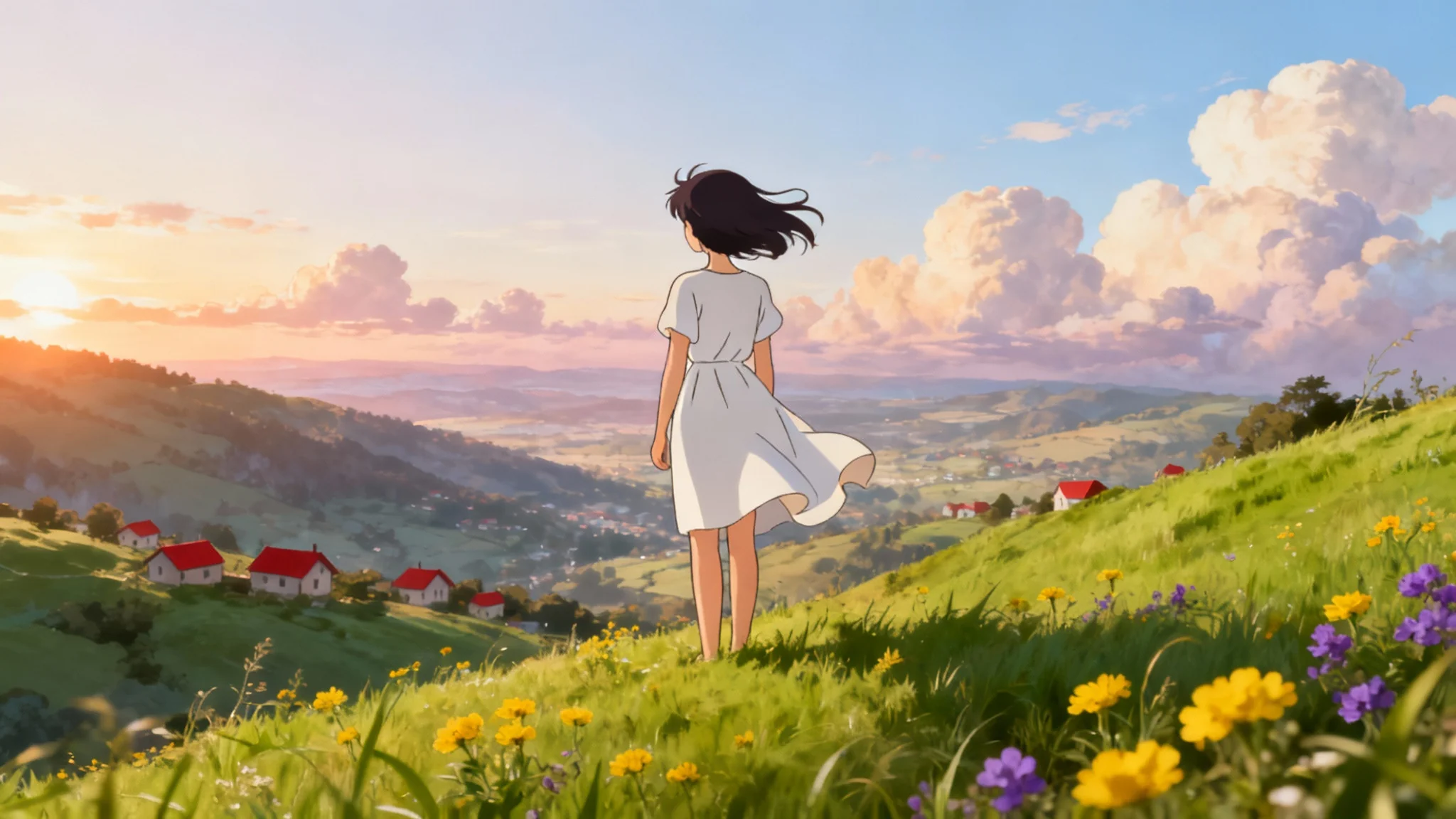 A serene, Ghibli-inspired photo of a young woman in a white dress standing on a green hill, looking out over a sunlit valley with fluffy clouds in the sky.