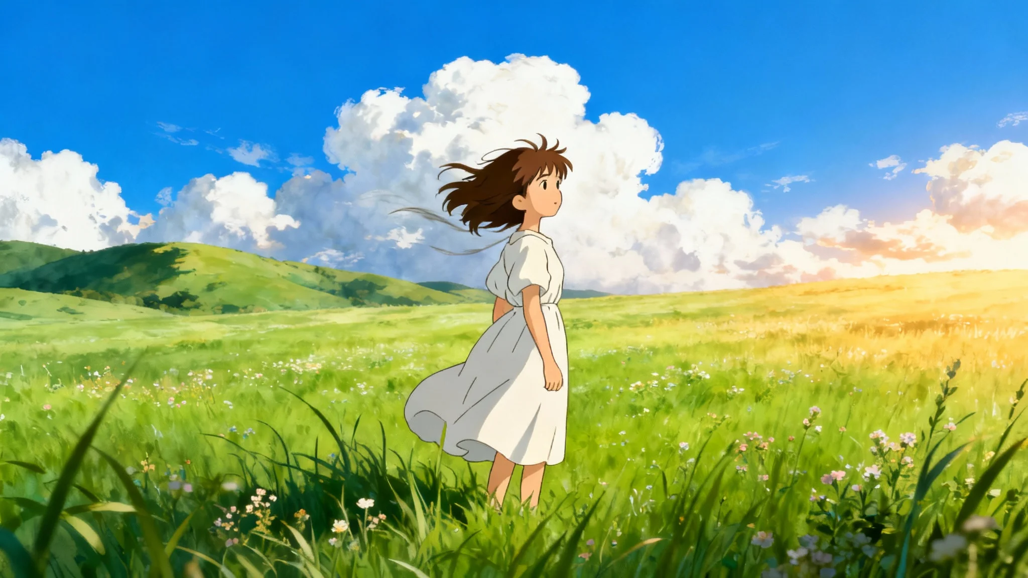 An image in the style of a Studio Ghibli film, showing a young girl in a white dress standing in a sunlit green field under a blue sky with fluffy clouds.