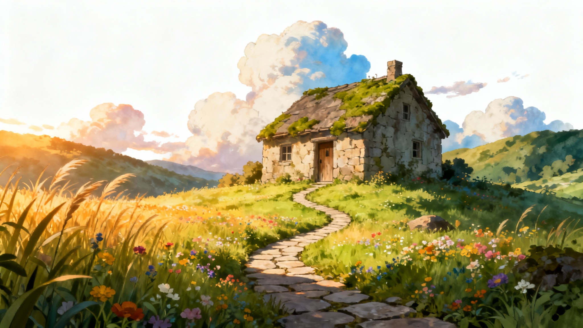 A beautiful landscape painting in the style of Studio Ghibli, featuring a small stone cottage in a field of wildflowers under a blue sky with fluffy clouds.
