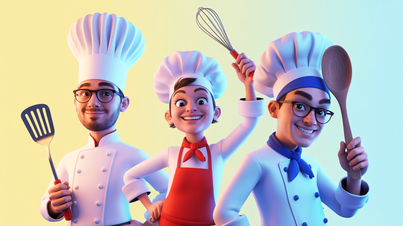 A vibrant cartoon illustration of three distinct chefs as a final design. A chef in a white uniform, a chef in a red apron, and a chef in a blue coat, all posing playfully with kitchen tools against a clean white background.