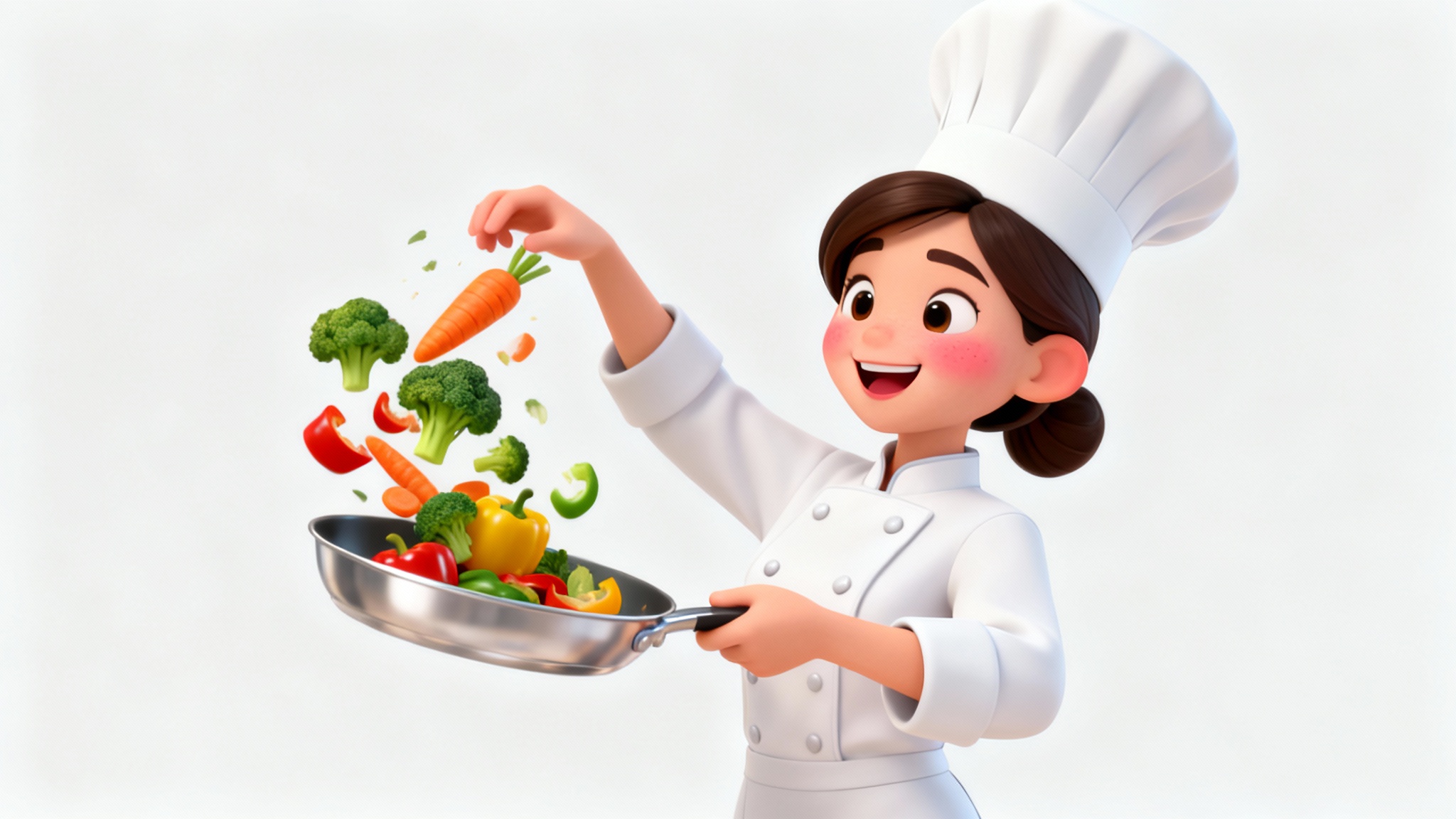 A 3D cartoon illustration of a cheerful female chef in a white uniform and hat, happily tossing vegetables in a pan against a white background.