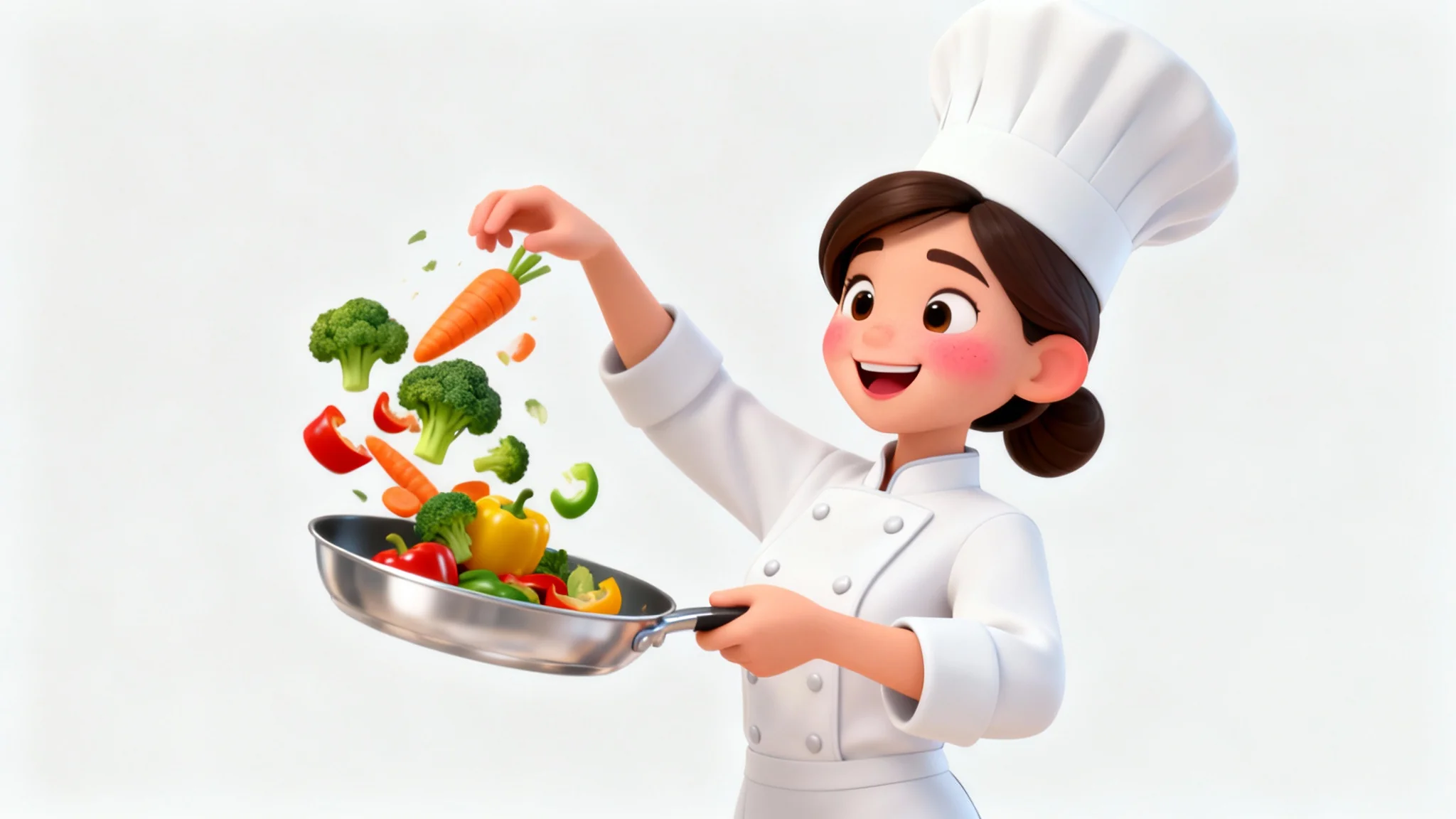A 3D cartoon illustration of a cheerful female chef in a white uniform and hat, happily tossing vegetables in a pan against a white background.