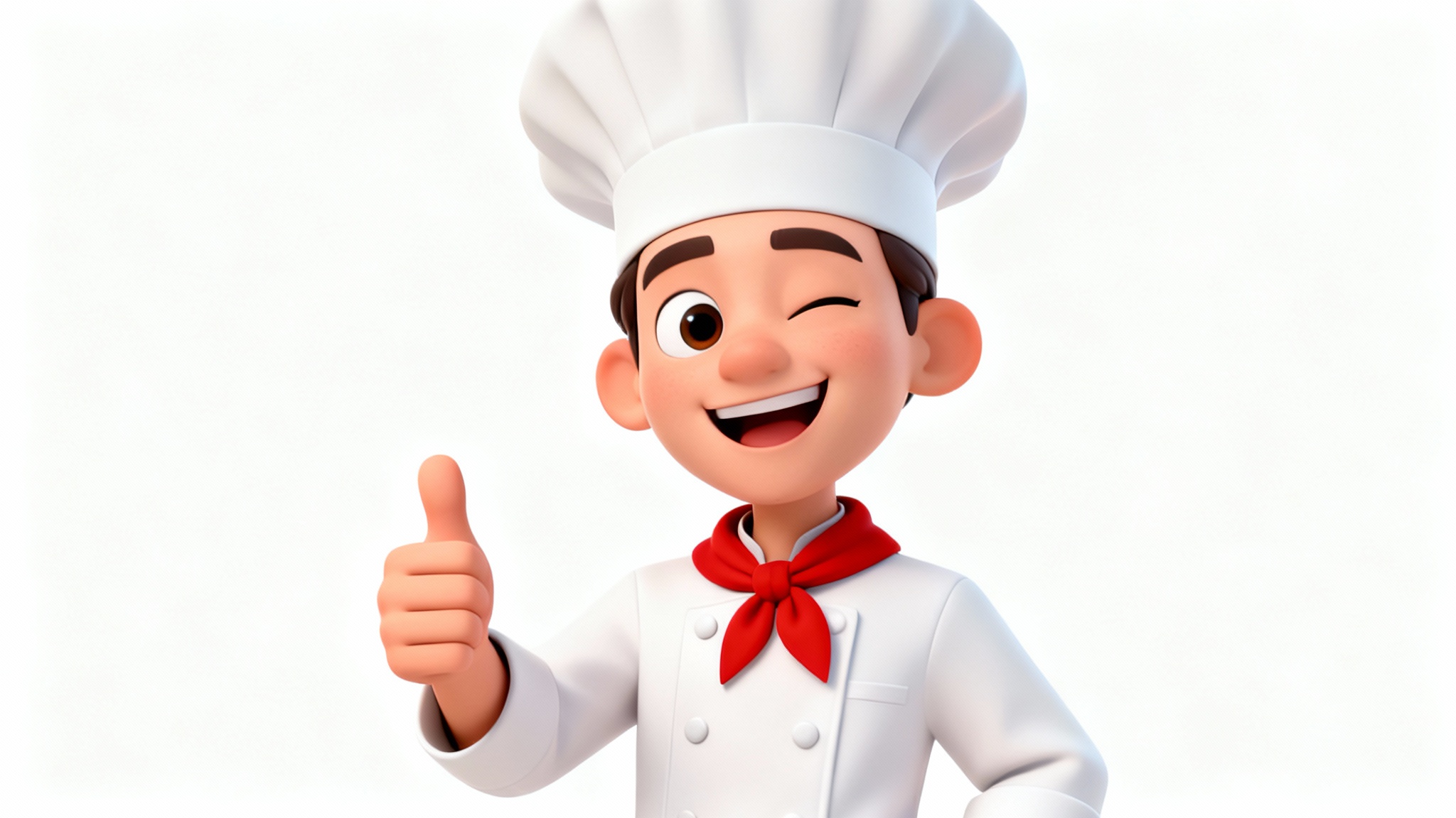 A friendly 3D cartoon chef with a chef's hat and uniform, winking and giving a thumbs-up against a white background.